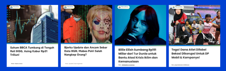 Four MileniaNews Instagram posts covering business, crime, entertainment, and sports news