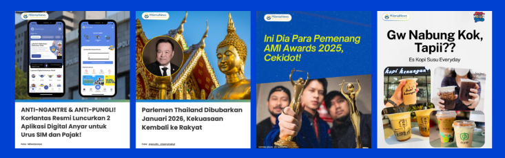 Four MileniaNews Instagram posts covering public services, politics, awards, and lifestyle